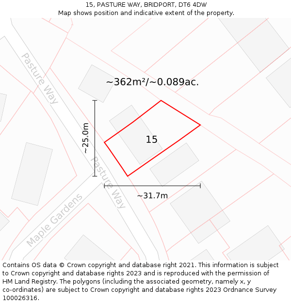 15, PASTURE WAY, BRIDPORT, DT6 4DW: Plot and title map