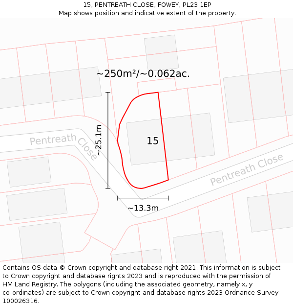 15, PENTREATH CLOSE, FOWEY, PL23 1EP: Plot and title map