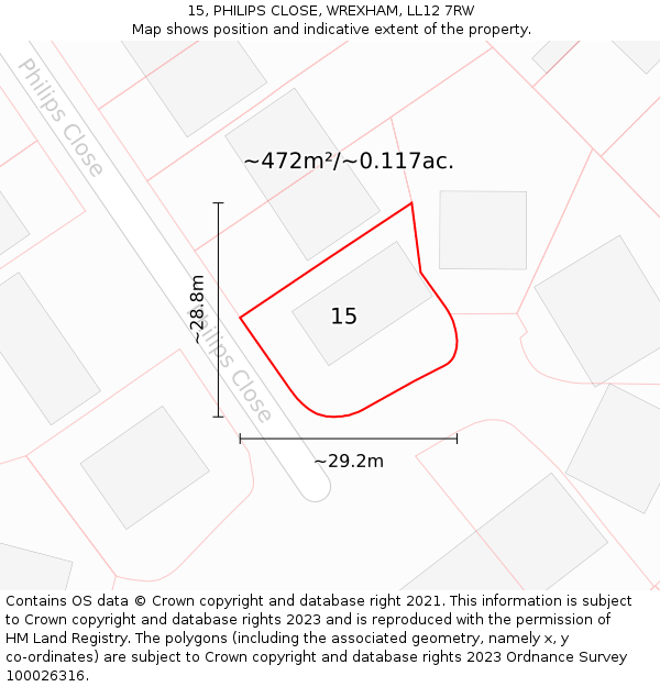15, PHILIPS CLOSE, WREXHAM, LL12 7RW: Plot and title map