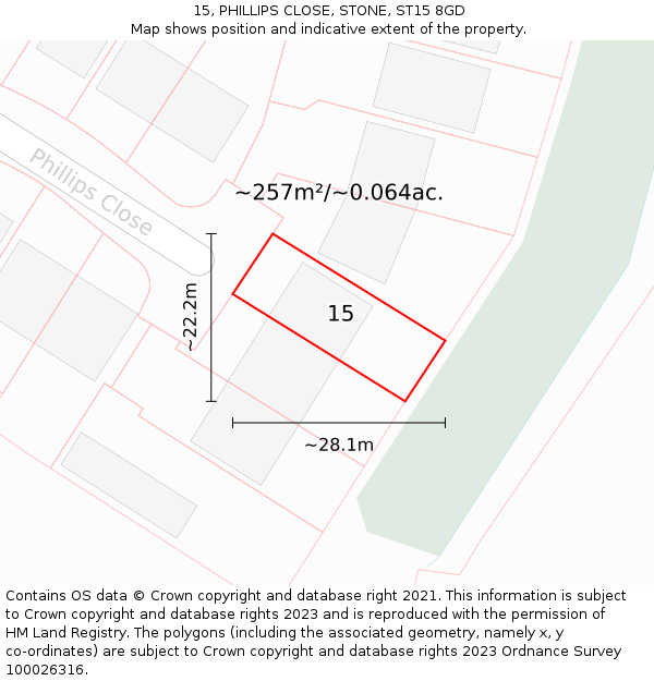 15, PHILLIPS CLOSE, STONE, ST15 8GD: Plot and title map
