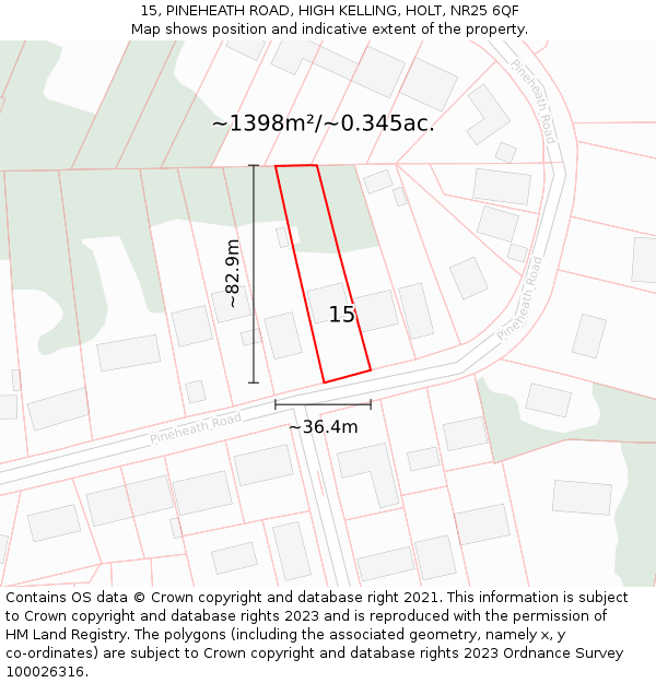 15, PINEHEATH ROAD, HIGH KELLING, HOLT, NR25 6QF: Plot and title map