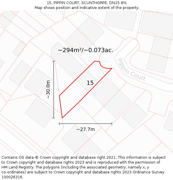 15, PIPPIN COURT, SCUNTHORPE, DN15 8YL: Plot and title map