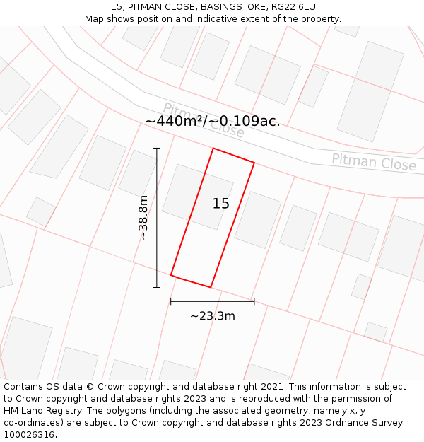 15, PITMAN CLOSE, BASINGSTOKE, RG22 6LU: Plot and title map