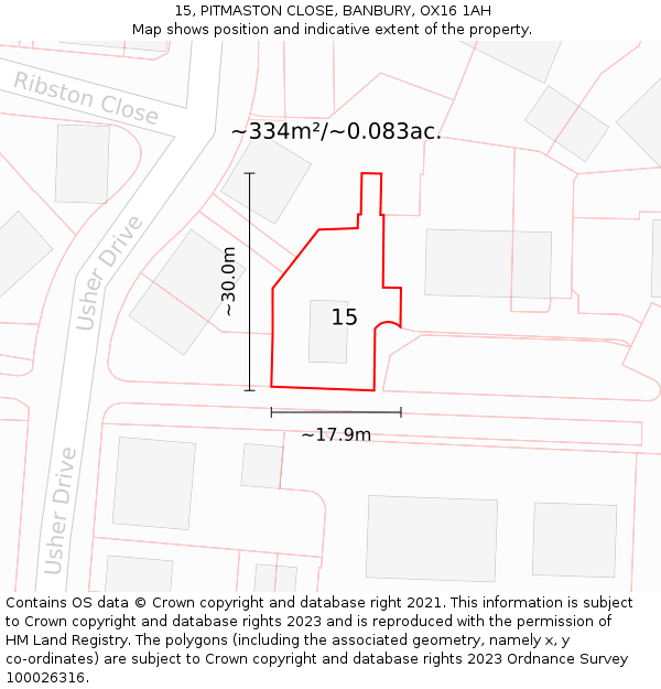 15, PITMASTON CLOSE, BANBURY, OX16 1AH: Plot and title map