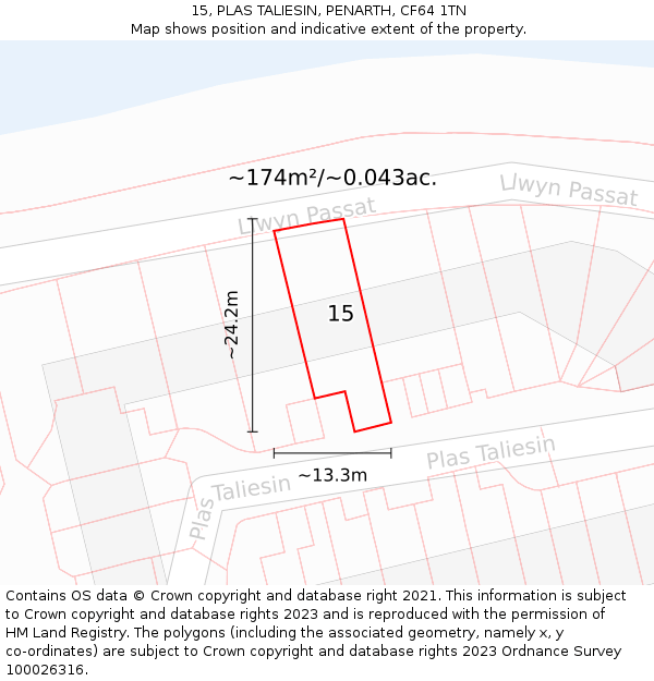 15, PLAS TALIESIN, PENARTH, CF64 1TN: Plot and title map