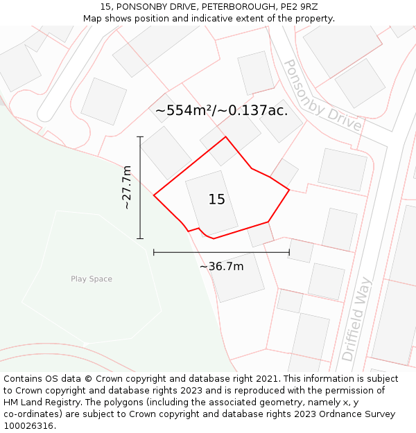 15, PONSONBY DRIVE, PETERBOROUGH, PE2 9RZ: Plot and title map