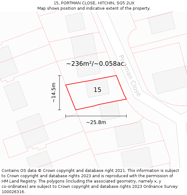 15, PORTMAN CLOSE, HITCHIN, SG5 2UX: Plot and title map