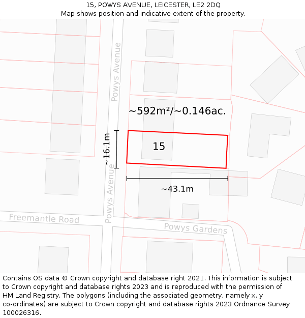 15, POWYS AVENUE, LEICESTER, LE2 2DQ: Plot and title map