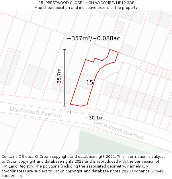 15, PRESTWOOD CLOSE, HIGH WYCOMBE, HP12 3DE: Plot and title map