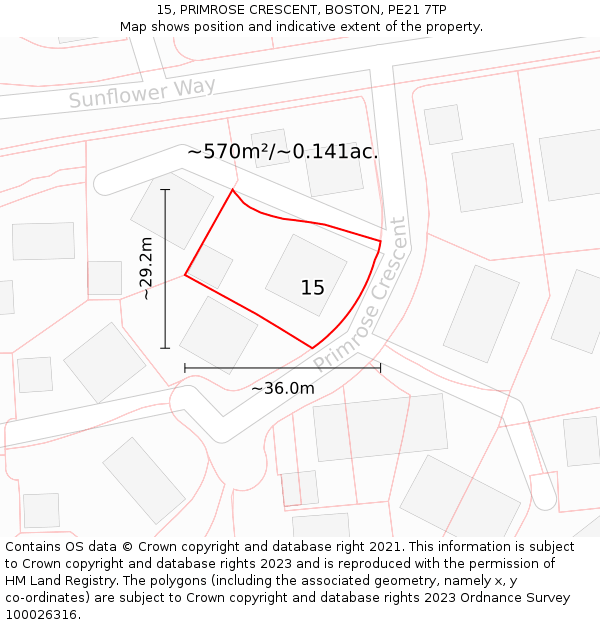 15, PRIMROSE CRESCENT, BOSTON, PE21 7TP: Plot and title map