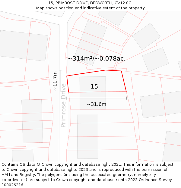 15, PRIMROSE DRIVE, BEDWORTH, CV12 0GL: Plot and title map