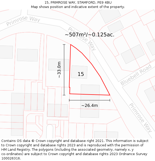 15, PRIMROSE WAY, STAMFORD, PE9 4BU: Plot and title map