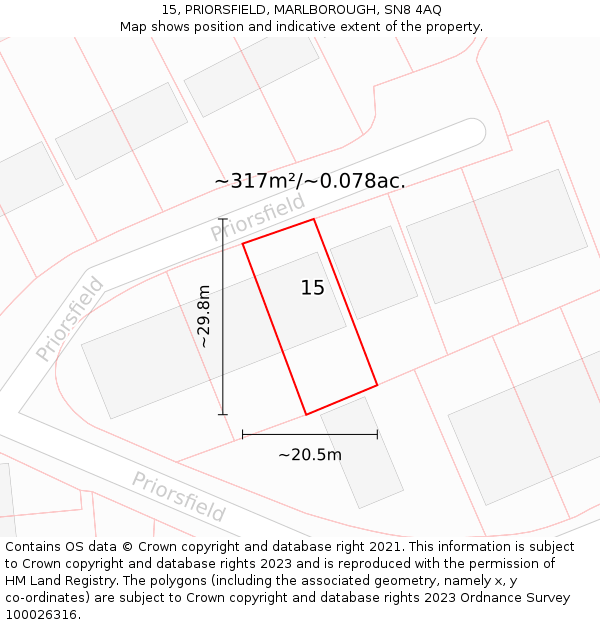 15, PRIORSFIELD, MARLBOROUGH, SN8 4AQ: Plot and title map