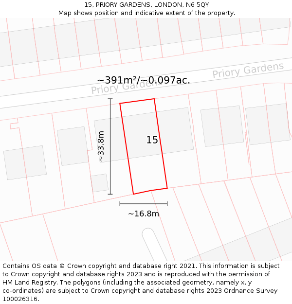 15, PRIORY GARDENS, LONDON, N6 5QY: Plot and title map