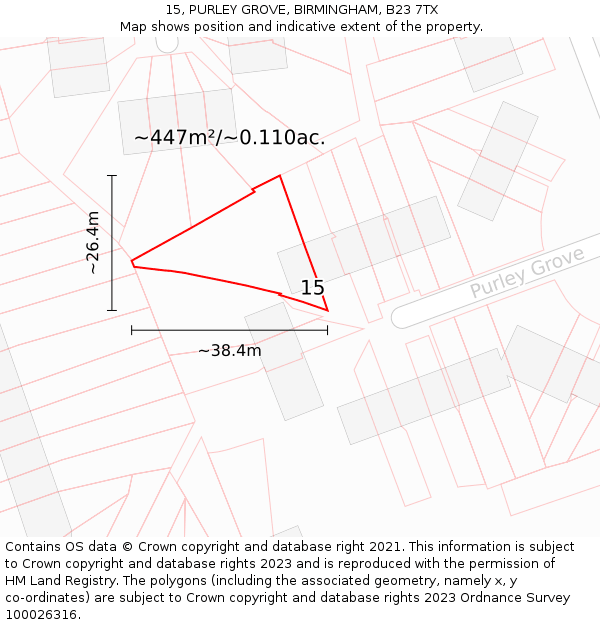 15, PURLEY GROVE, BIRMINGHAM, B23 7TX: Plot and title map