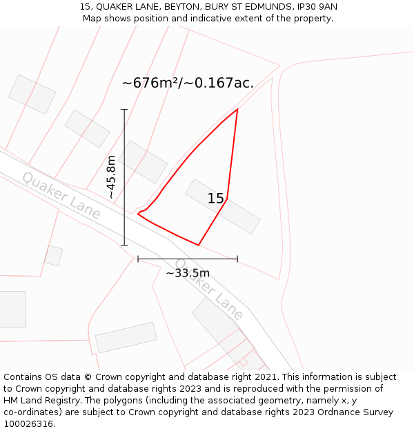 15, QUAKER LANE, BEYTON, BURY ST EDMUNDS, IP30 9AN: Plot and title map