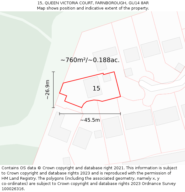 15, QUEEN VICTORIA COURT, FARNBOROUGH, GU14 8AR: Plot and title map