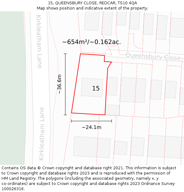 15, QUEENSBURY CLOSE, REDCAR, TS10 4QA: Plot and title map