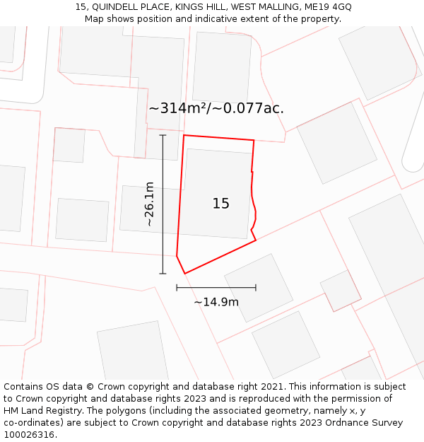 15, QUINDELL PLACE, KINGS HILL, WEST MALLING, ME19 4GQ: Plot and title map