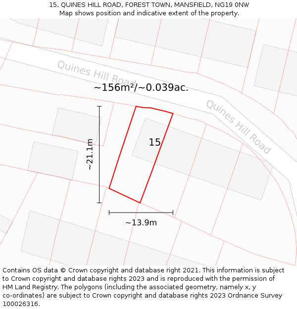 15, QUINES HILL ROAD, FOREST TOWN, MANSFIELD, NG19 0NW: Plot and title map