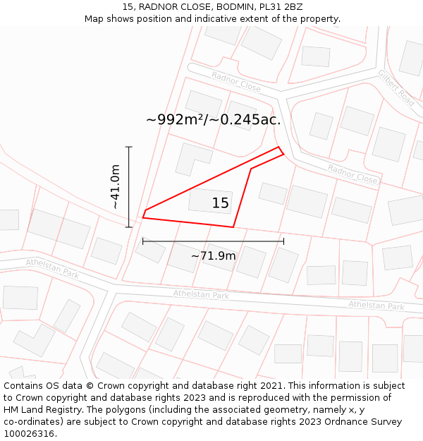 15, RADNOR CLOSE, BODMIN, PL31 2BZ: Plot and title map