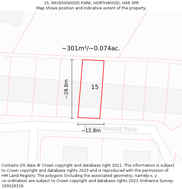 15, RAVENSWOOD PARK, NORTHWOOD, HA6 3PR: Plot and title map