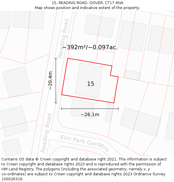 15, READING ROAD, DOVER, CT17 9NA: Plot and title map