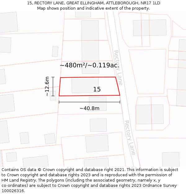 15, RECTORY LANE, GREAT ELLINGHAM, ATTLEBOROUGH, NR17 1LD: Plot and title map