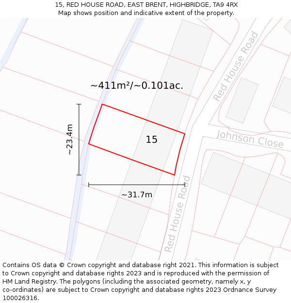 15, RED HOUSE ROAD, EAST BRENT, HIGHBRIDGE, TA9 4RX: Plot and title map