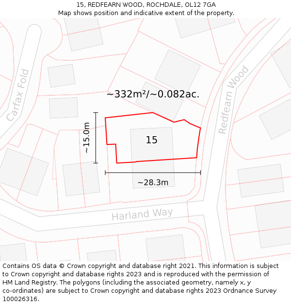 15, REDFEARN WOOD, ROCHDALE, OL12 7GA: Plot and title map