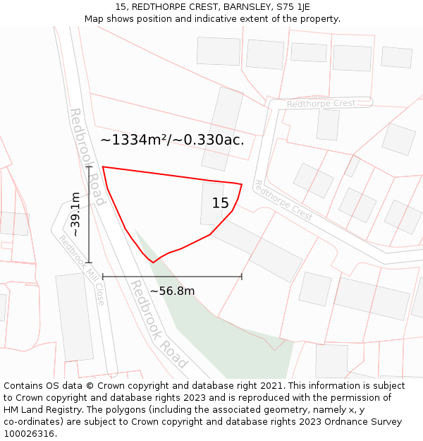 15, REDTHORPE CREST, BARNSLEY, S75 1JE: Plot and title map