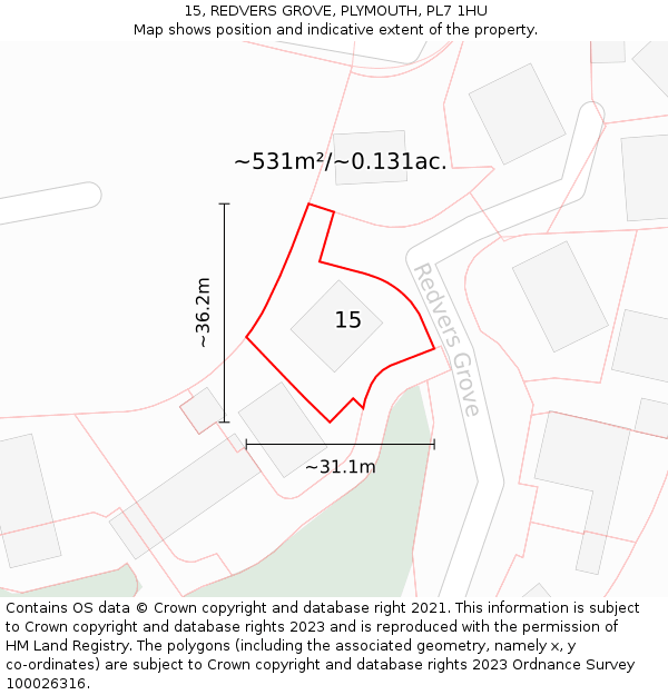 15, REDVERS GROVE, PLYMOUTH, PL7 1HU: Plot and title map