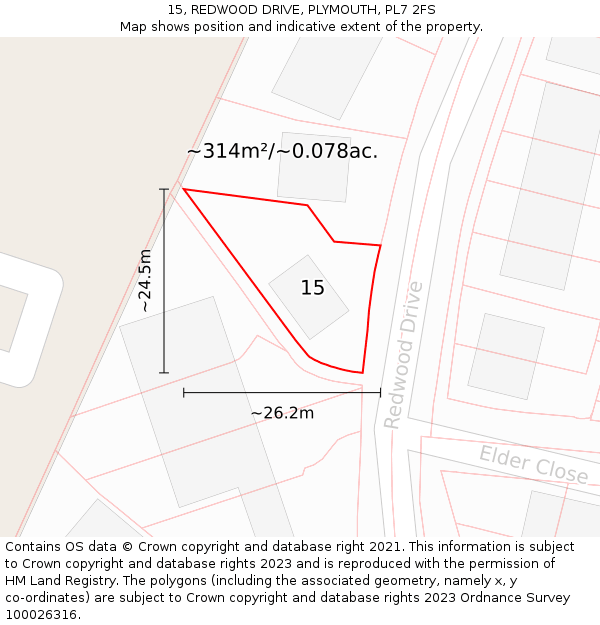 15, REDWOOD DRIVE, PLYMOUTH, PL7 2FS: Plot and title map