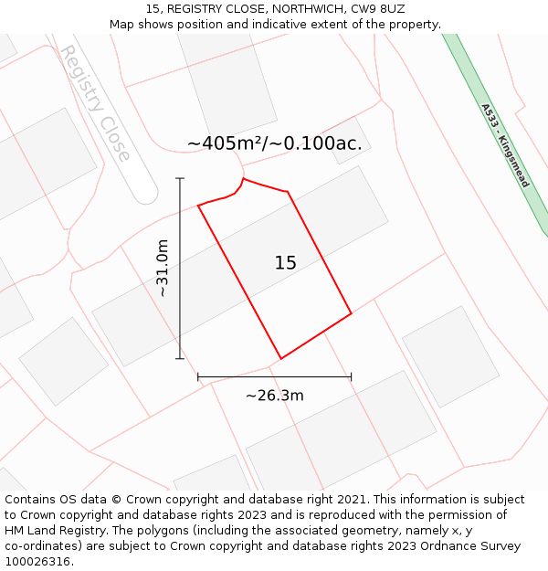 15, REGISTRY CLOSE, NORTHWICH, CW9 8UZ: Plot and title map