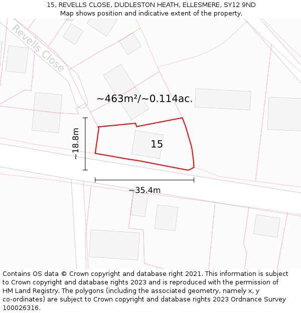 15, REVELLS CLOSE, DUDLESTON HEATH, ELLESMERE, SY12 9ND: Plot and title map