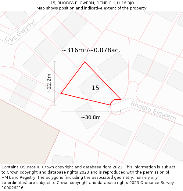 15, RHODFA ELGWERN, DENBIGH, LL16 3JQ: Plot and title map