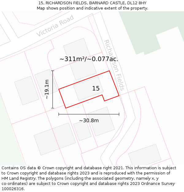 15, RICHARDSON FIELDS, BARNARD CASTLE, DL12 8HY: Plot and title map