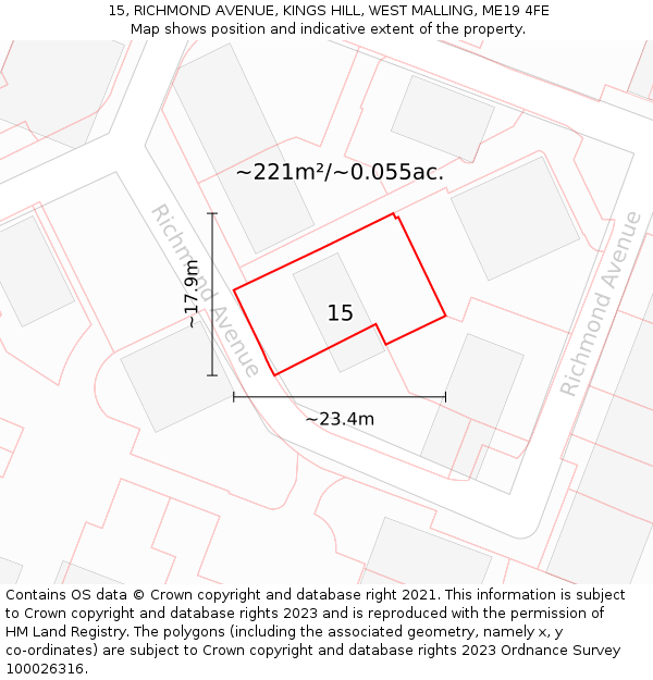 15, RICHMOND AVENUE, KINGS HILL, WEST MALLING, ME19 4FE: Plot and title map