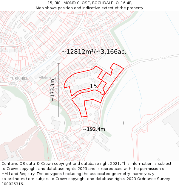 15, RICHMOND CLOSE, ROCHDALE, OL16 4RJ: Plot and title map