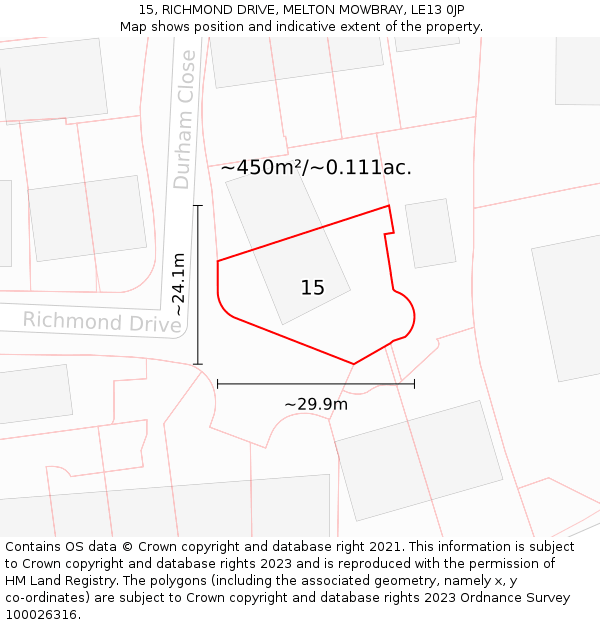 15, RICHMOND DRIVE, MELTON MOWBRAY, LE13 0JP: Plot and title map