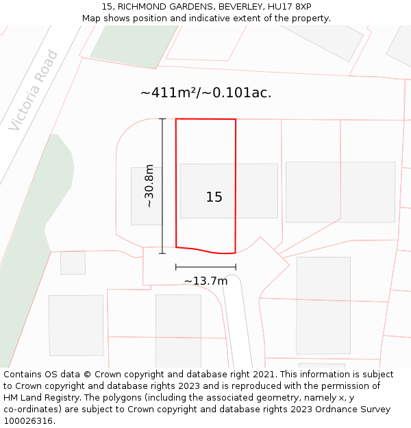 15, RICHMOND GARDENS, BEVERLEY, HU17 8XP: Plot and title map