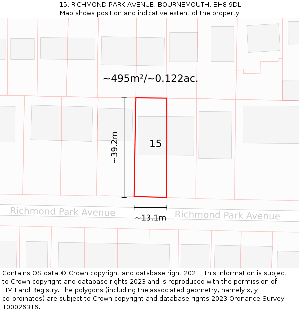 15, RICHMOND PARK AVENUE, BOURNEMOUTH, BH8 9DL: Plot and title map