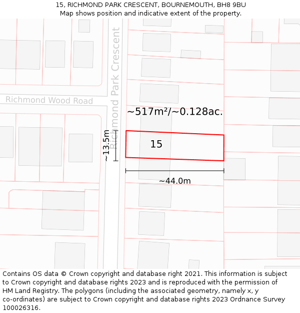 15, RICHMOND PARK CRESCENT, BOURNEMOUTH, BH8 9BU: Plot and title map