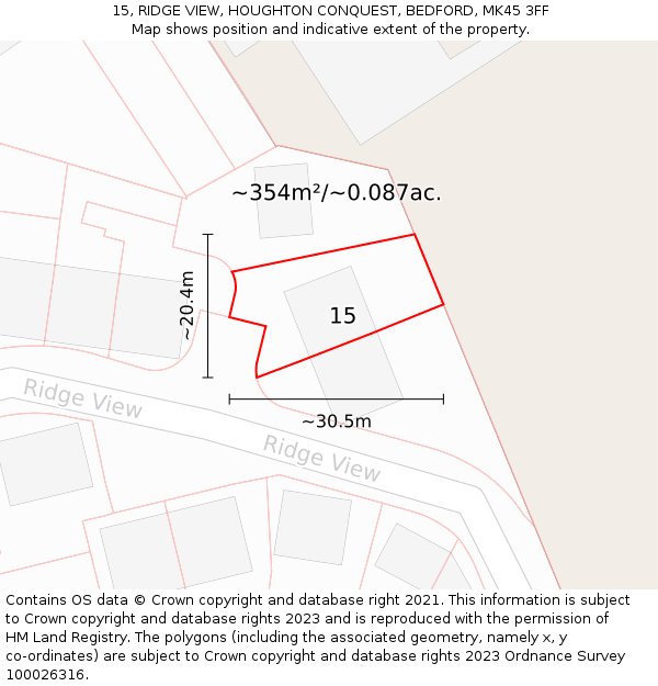 15, RIDGE VIEW, HOUGHTON CONQUEST, BEDFORD, MK45 3FF: Plot and title map