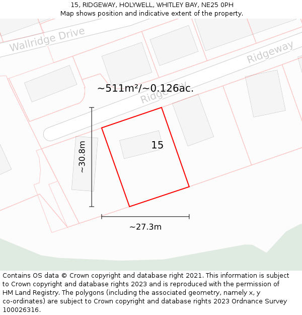 15, RIDGEWAY, HOLYWELL, WHITLEY BAY, NE25 0PH: Plot and title map