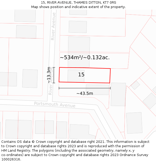 15, RIVER AVENUE, THAMES DITTON, KT7 0RS: Plot and title map