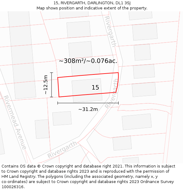 15, RIVERGARTH, DARLINGTON, DL1 3SJ: Plot and title map