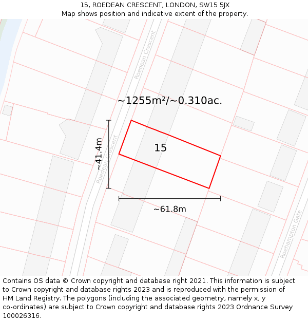 15, ROEDEAN CRESCENT, LONDON, SW15 5JX: Plot and title map