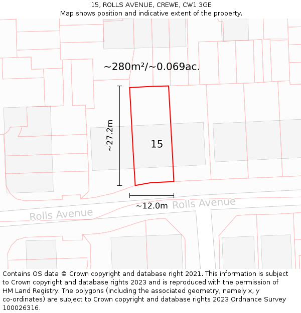 15, ROLLS AVENUE, CREWE, CW1 3GE: Plot and title map