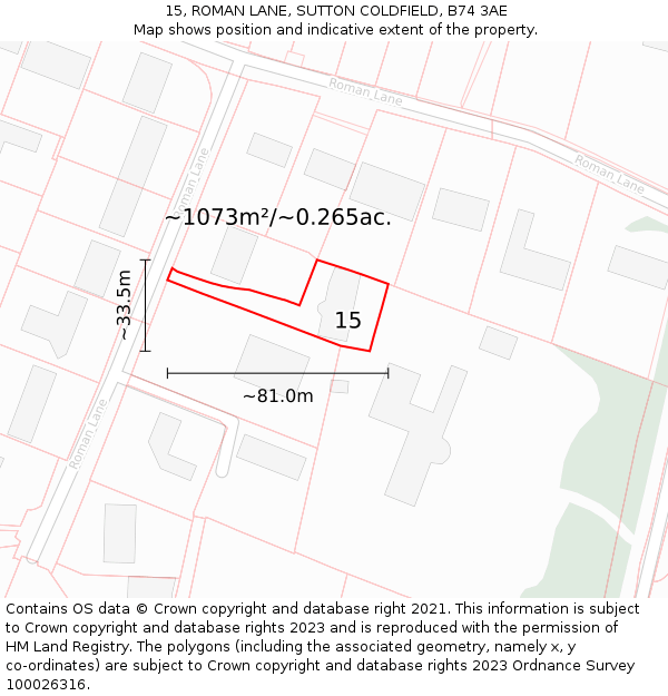 15, ROMAN LANE, SUTTON COLDFIELD, B74 3AE: Plot and title map